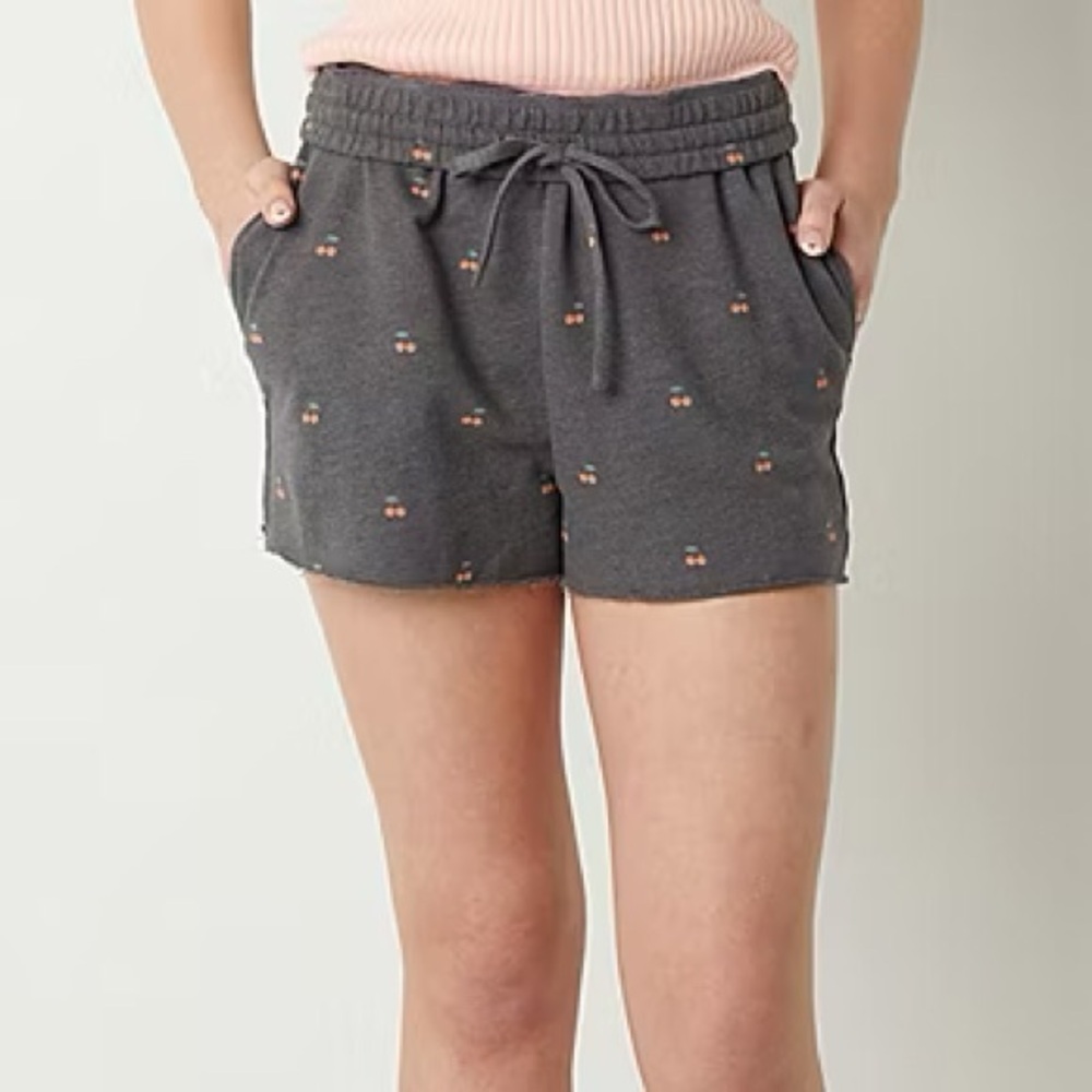 NWT ARIZONA Gray Cherry Print Mid Rise Soft Shorts Cotton Pajama Juniors New